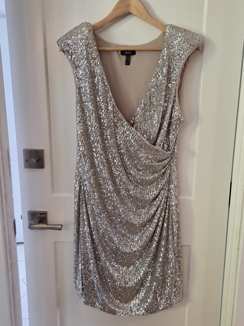 Aidan Mattox Sequin Cocktail Dress Silver Champagne 16 Y2K Glam Holiday Retro
